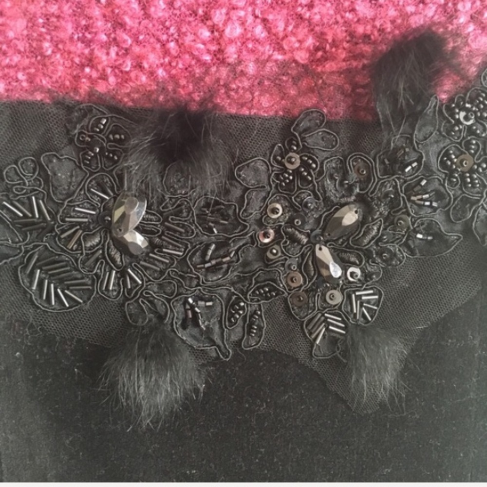 Moschino Jeans | Tweed Velvet Fur Beaded Black Mauve Dress XS - Picture 4 of 7